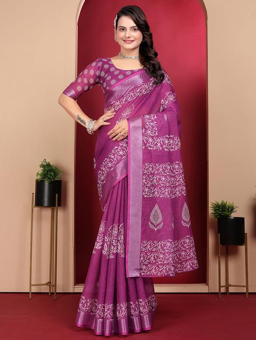 women purple floral printed saree with blouse - 21389296 - Very Small Image - 1