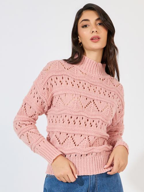 women pink self design turtle neck pullover - 21390828 - Very Small Image - 1