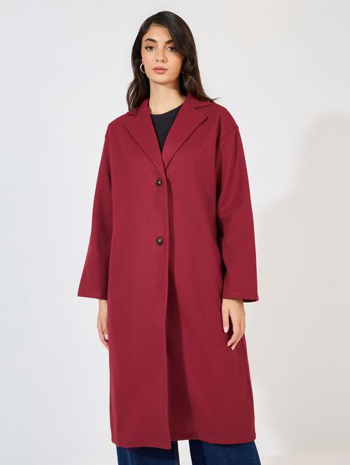 women burgundy solid long sleeve trench coat - 21390872 - Very Small Image - 1