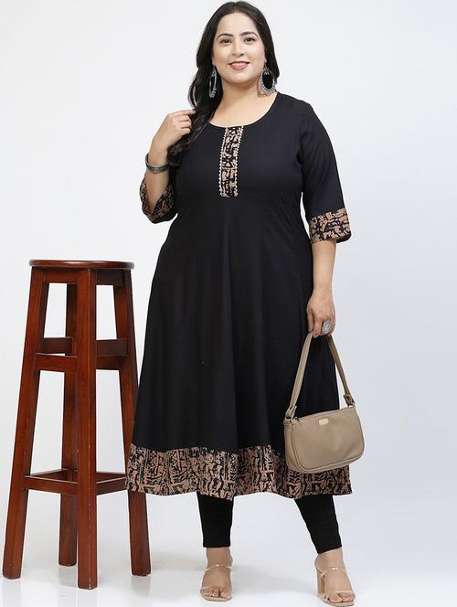 women black round neck plus size flared kurta - 21391103 - Very Small Image - 1