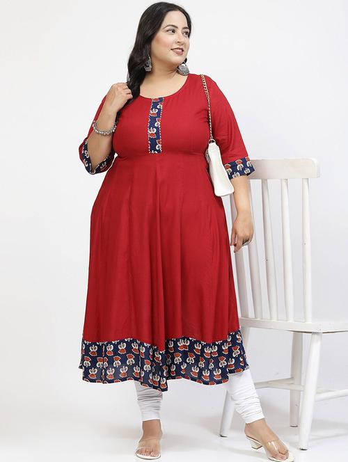 women red round neck plus size flared kurta - 21391105 - Very Small Image - 1