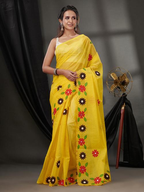 yellow kora silk handloom saree - 21392576 - Very Small Image - 1