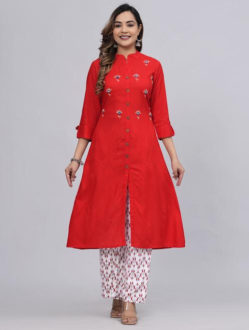 red embroidered kurta palazzo set - 21393472 - Very Small Image - 1