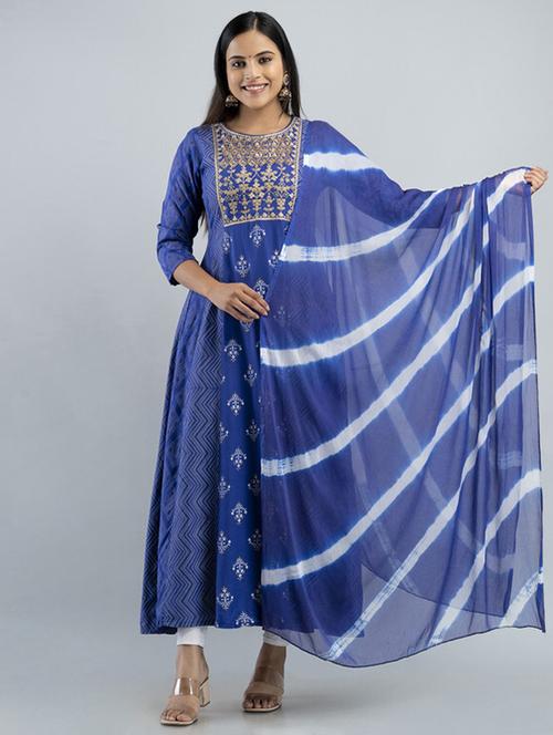 women blue round neck kurta dupatta set - 21393509 - Very Small Image - 1
