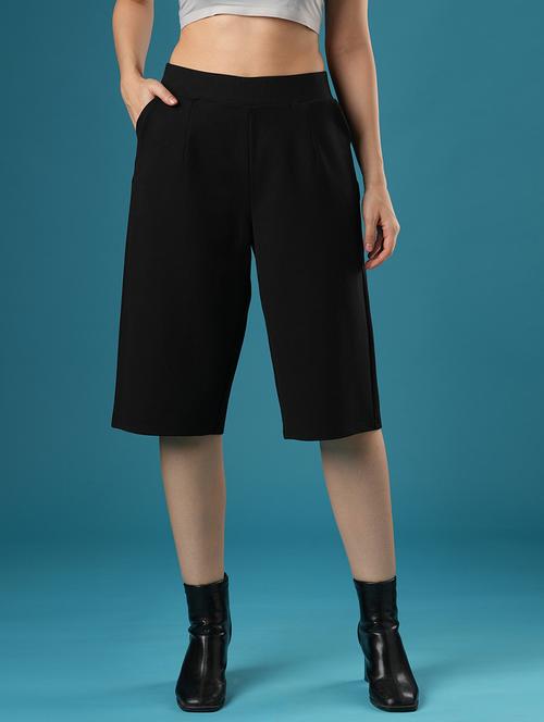 globus women black mid rise stretchable relaxed fit flat front slip-on culottes - 21393555 - Very Small Image - 1