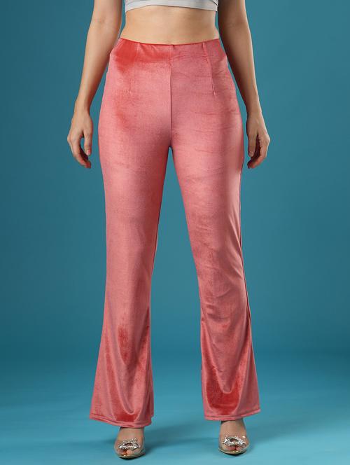 globus women peach velvet mid rise stretchable slim fit flared party treggings - 21393561 - Very Small Image - 1