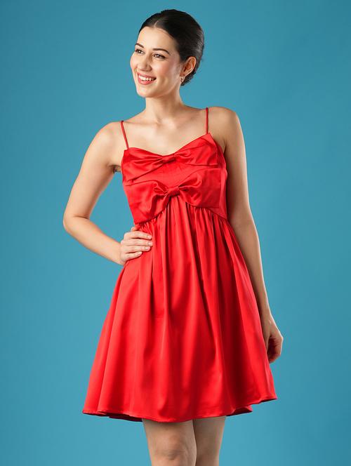globus women red sweetheart neck shoulder straps bow detail gathered a-line party dress - 21393590 - Very Small Image - 1