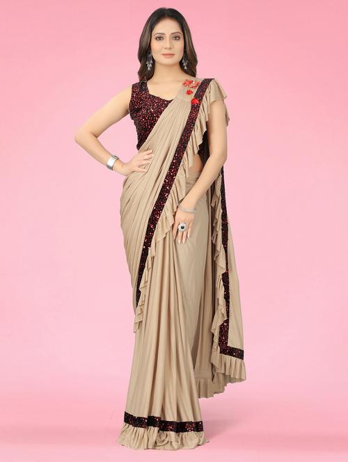 women solid with bordered ruffle saree with blouse - 21395649 - Very Small Image - 1