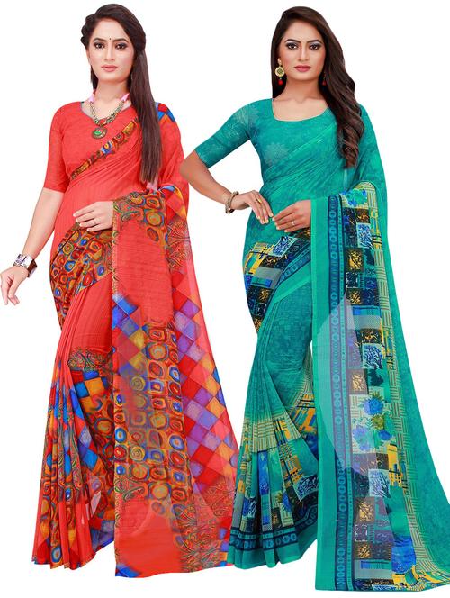 pack of 2 printed casual wear sarees with blouse - 21395884 - Very Small Image - 1