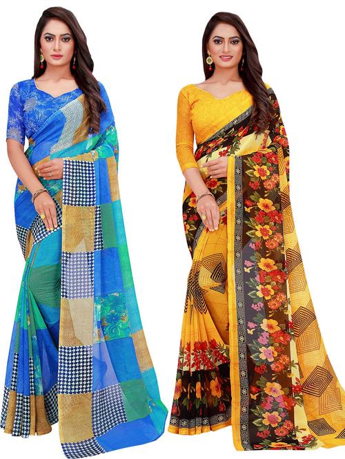 pack of 2 printed casual wear sarees with blouse - 21395901 - Very Small Image - 1