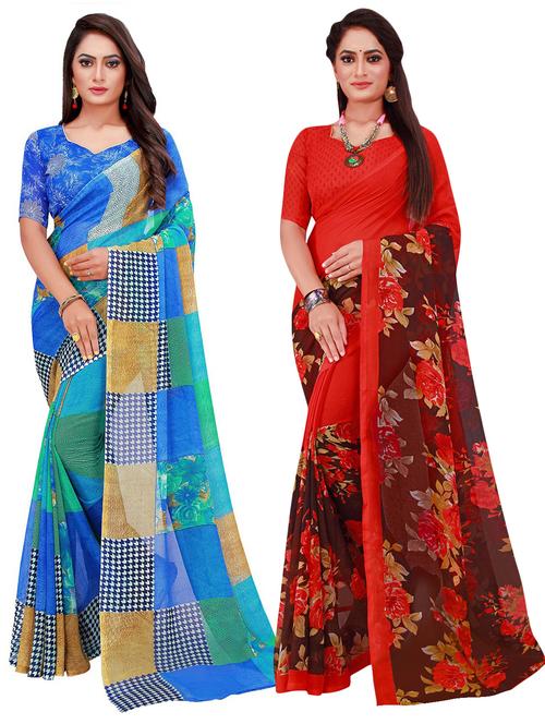 pack of 2 printed casual wear sarees with blouse - 21395902 - Very Small Image - 1