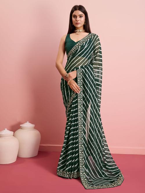 green georgette embroidered saree with blouse - 21397585 - Very Small Image - 1