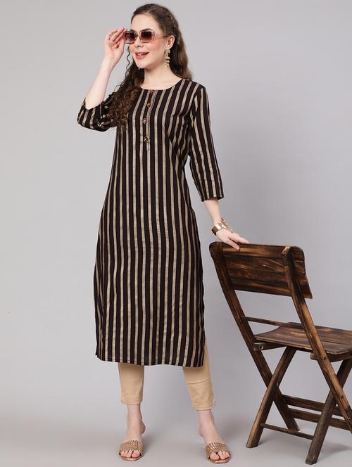 women three quarter sleeve stripes straight kurta - 21398485 - Very Small Image - 1