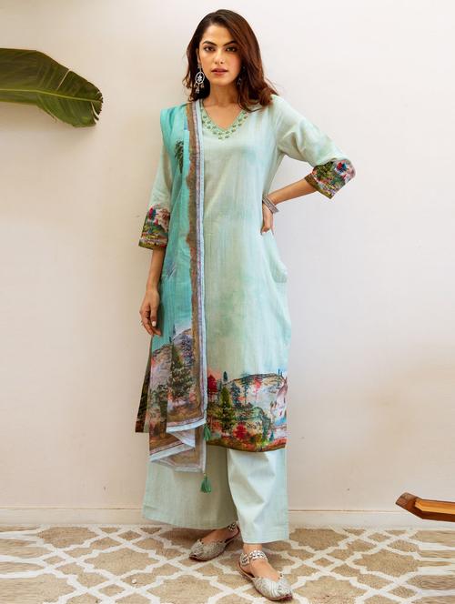 women green kurta palazzo set with dupatta - 21398649 - Very Small Image - 1