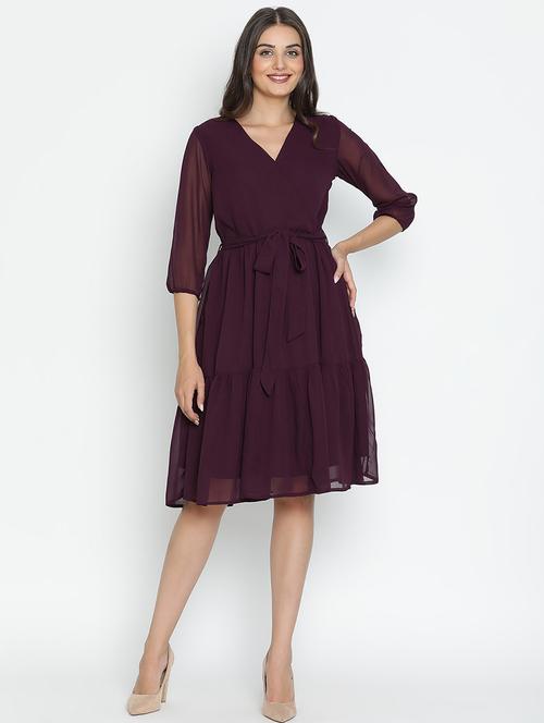 women burgundy polyester fit & flare dress - 21399384 - Very Small Image - 1