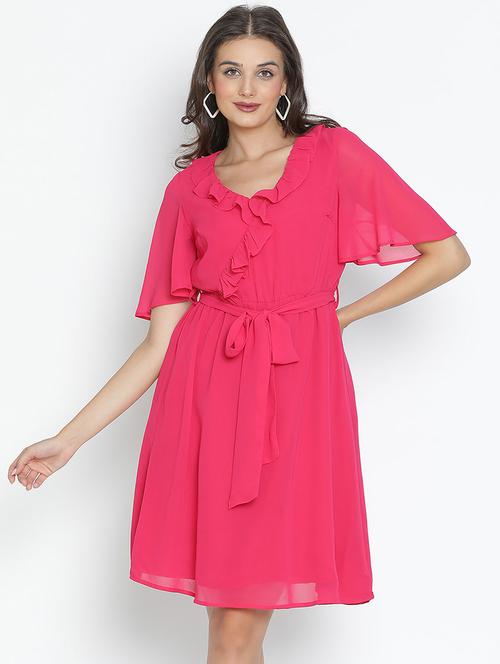 pink solid fit & flare dress - 21399412 - Very Small Image - 1