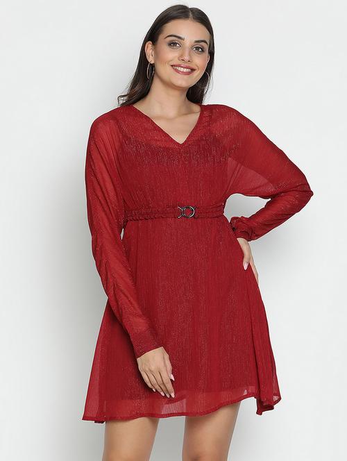 maroon solid fit & flare dress - 21399426 - Very Small Image - 1