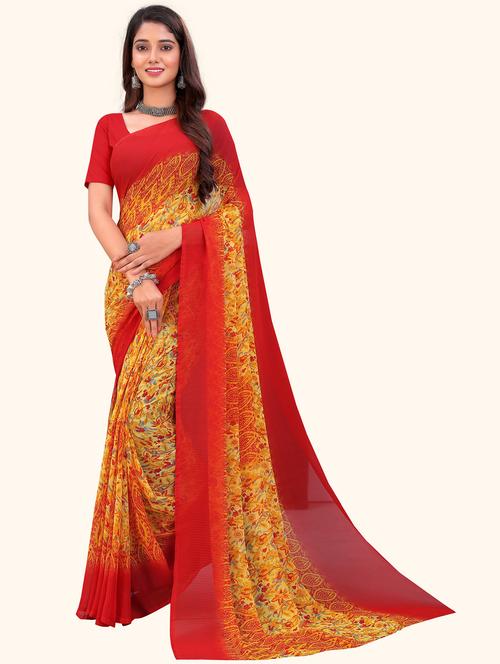 women yellow floral printed georgette saree - 21401081 - Very Small Image - 1