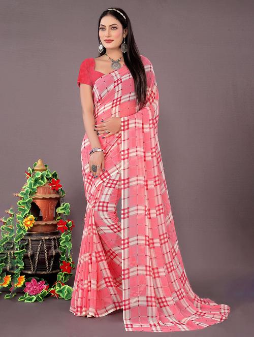 women pink checks printed georgette saree - 21401120 - Very Small Image - 1