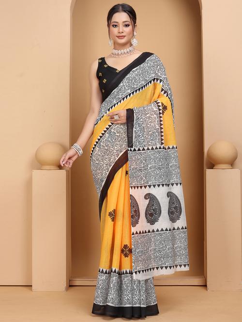 yellow linen printed saree - 21401699 - Very Small Image - 1