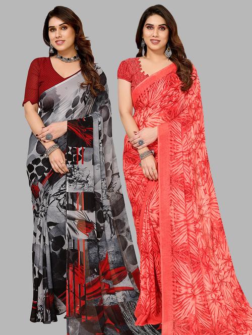 women pack of 2 printed saree with blouse - 21402412 - Very Small Image - 1