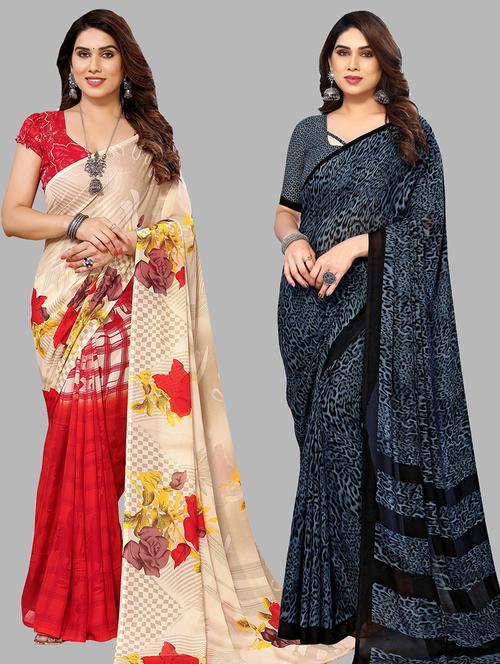 pack of 2 printed casual wear sarees with blouse - 21402416 - Very Small Image - 1