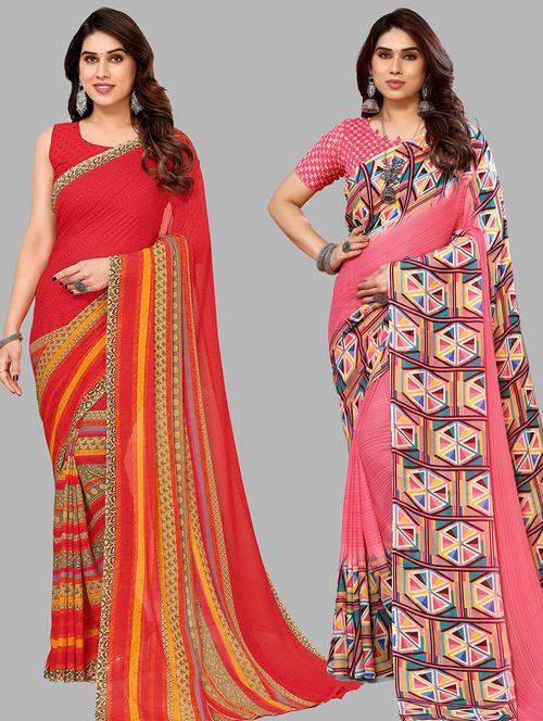 pack of 2 printed casual wear sarees with blouse - 21402440 - Very Small Image - 1