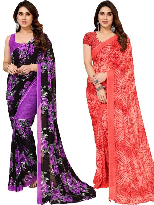 pack of 2 printed casual wear sarees with blouse - 21402500 - Very Small Image - 1