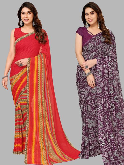 pack of 2 printed casual wear sarees with blouse - 21402531 - Very Small Image - 1