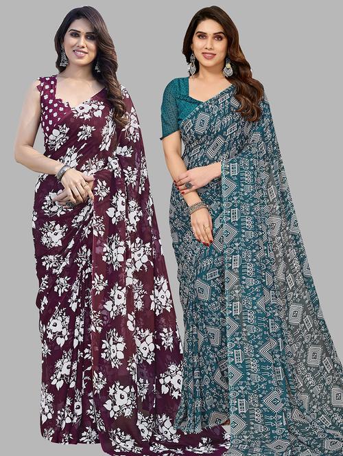 pack of 2 printed casual wear sarees with blouse - 21402544 - Very Small Image - 1