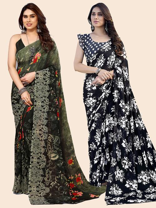 pack of 2 printed casual wear sarees with blouse - 21402553 - Very Small Image - 1