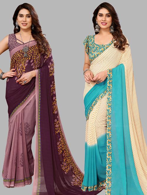 pack of 2 printed casual wear sarees with blouse - 21402604 - Very Small Image - 1