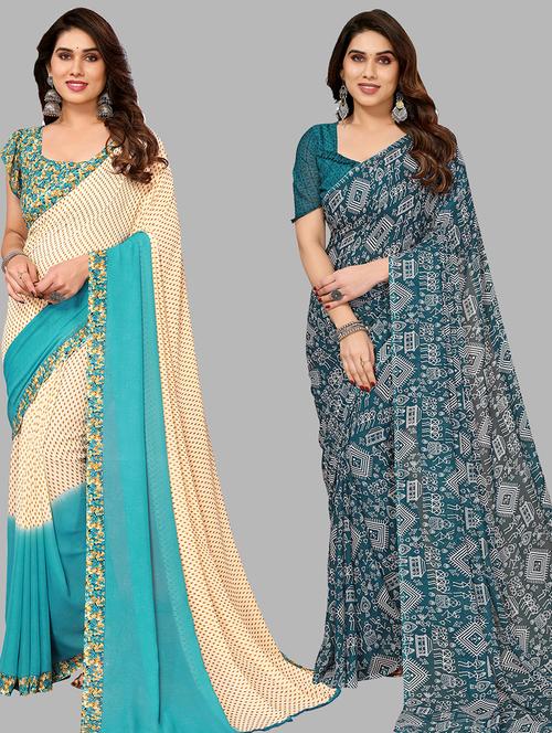 pack of 2 printed casual wear sarees with blouse - 21402615 - Very Small Image - 1
