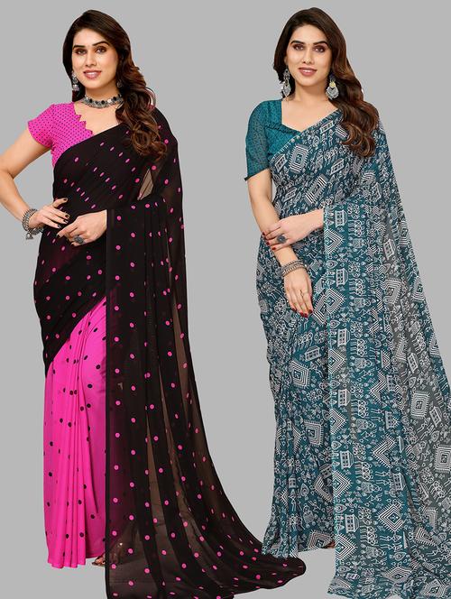 pack of 2 printed casual wear sarees with blouse - 21402621 - Very Small Image - 1