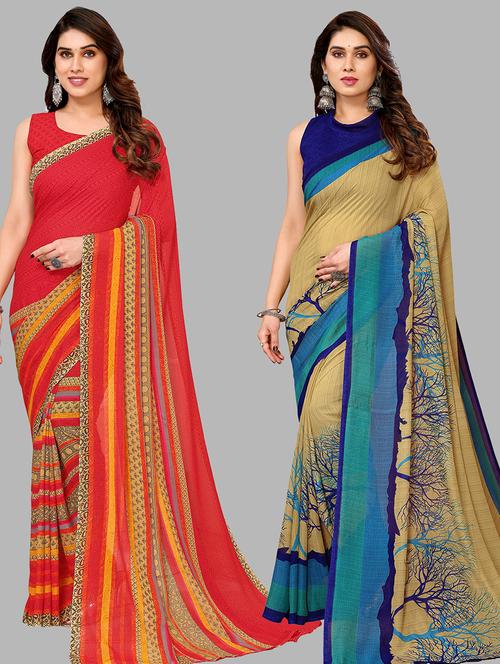 pack of 2 printed casual wear sarees with blouse - 21402623 - Very Small Image - 1