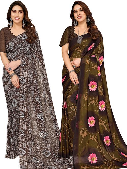 pack of 2 printed casual wear sarees with blouse - 21402642 - Very Small Image - 1