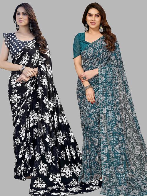 pack of 2 printed casual wear sarees with blouse - 21402668 - Very Small Image - 1