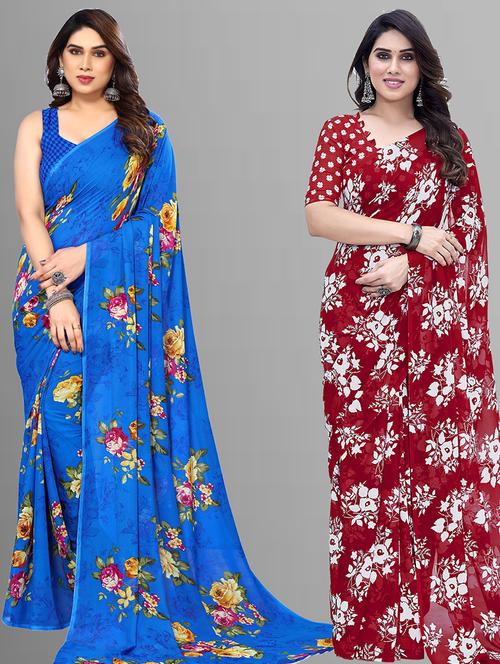 pack of 2 printed casual wear sarees with blouse - 21402808 - Very Small Image - 1