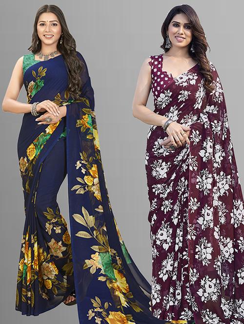 pack of 2 printed casual wear sarees with blouse - 21402831 - Very Small Image - 1