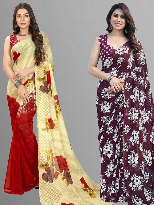 pack of 2 casual wear combo sarees with blouse - 21402850 - Very Small Image - 1