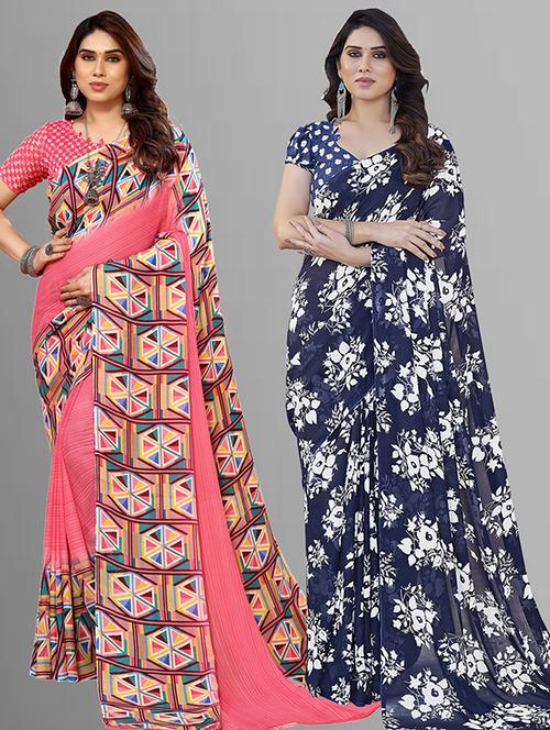 pack of 2 printed casual wear sarees with blouse - 21402860 - Very Small Image - 1