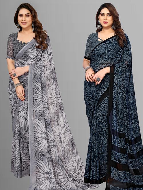 pack of 2 printed casual wear sarees with blouse - 21402950 - Very Small Image - 1