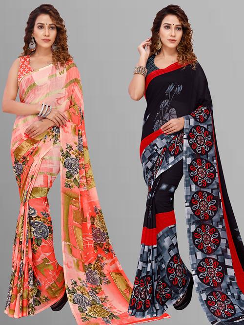 pack of 2 printed casual wear sarees with blouse - 21405541 - Very Small Image - 1