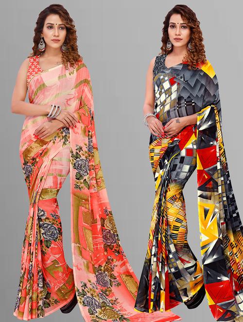 pack of 2 printed casual wear sarees with blouse - 21405552 - Very Small Image - 1