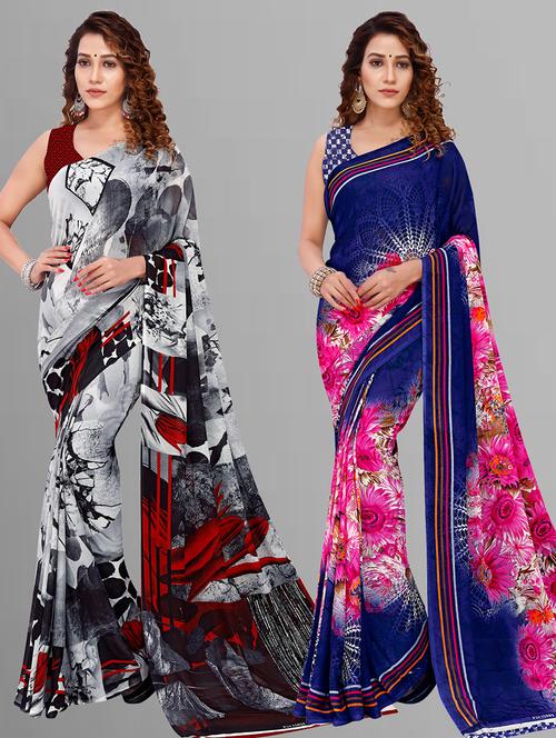pack of 2 printed casual wear sarees with blouse - 21405680 - Very Small Image - 1
