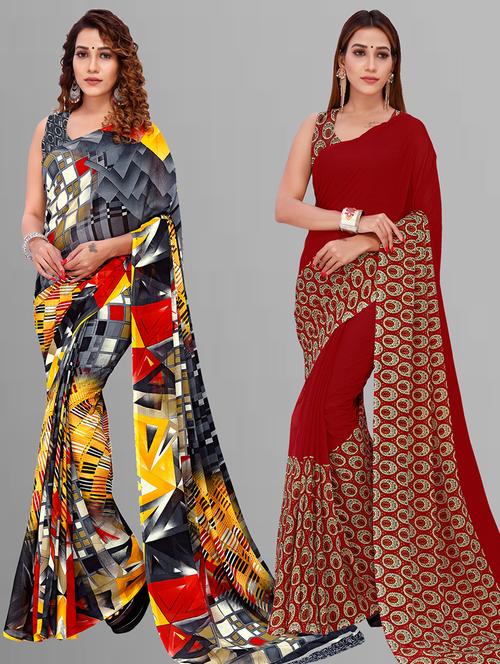 pack of 2 printed casual wear sarees with blouse - 21405685 - Very Small Image - 1