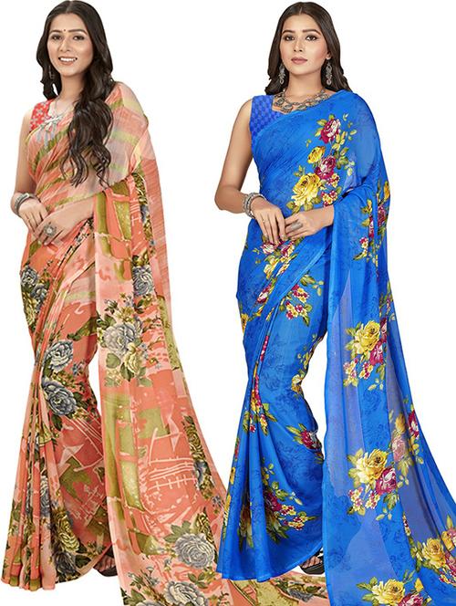 pack of 2 printed casual wear sarees with blouse - 21406053 - Very Small Image - 1