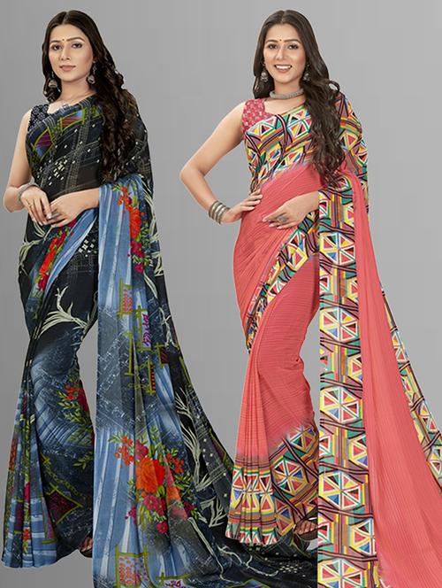 pack of 2 printed casual wear sarees with blouse - 21406070 - Very Small Image - 1