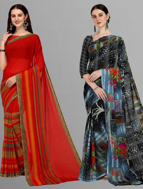 pack of 2 printed casual wear sarees with blouse - 21406082 - Very Small Image - 1
