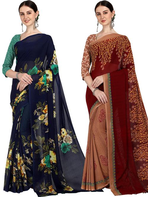 pack of 2 printed casual wear sarees with blouse - 21406124 - Very Small Image - 1